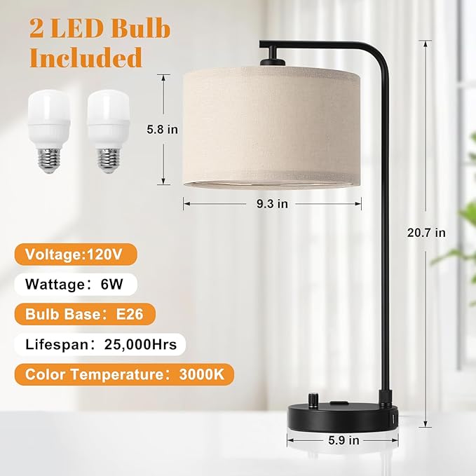 Innqoo Bedside Table Lamps for Bedroom Set of 2-Dimmable Nightstand Lamps with USB Port and Outlet,Modern Black Lamps with Linen Shade,Tall Desk Lamps for Home Office Bedroom Living Room End Table