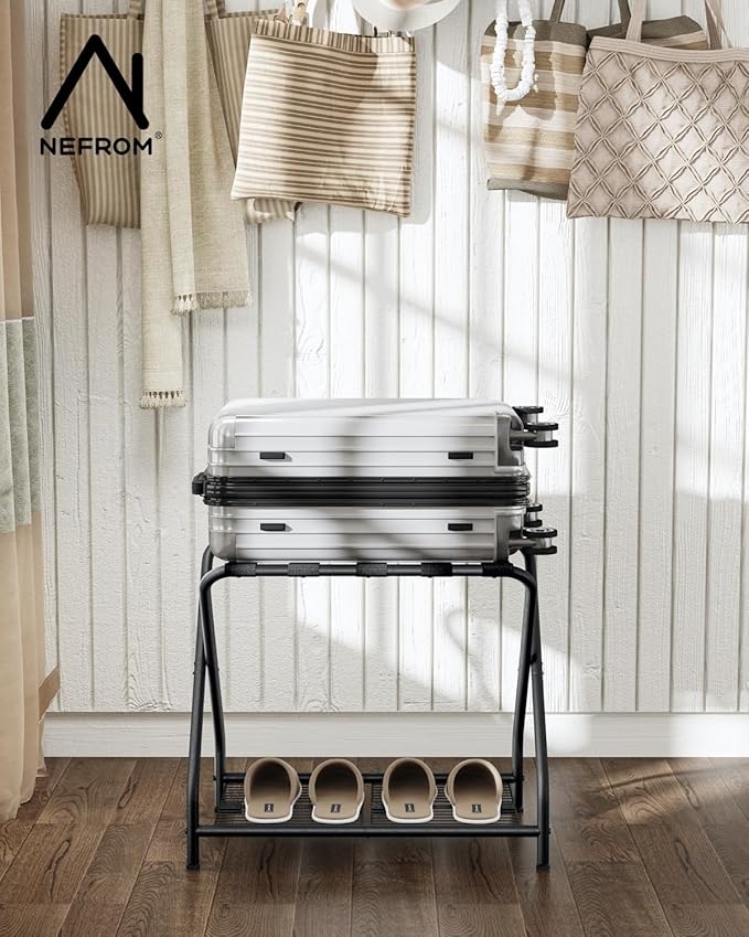Luggage Rack with Storage Shelf, Foldable Suitcase Stand, Heavy Duty Metal Luggage Holder, 150 lbs Top Capacity, 50 lbs Bottom Shelf, for Guest Room, Bedroom, Hotel LR-BK-1