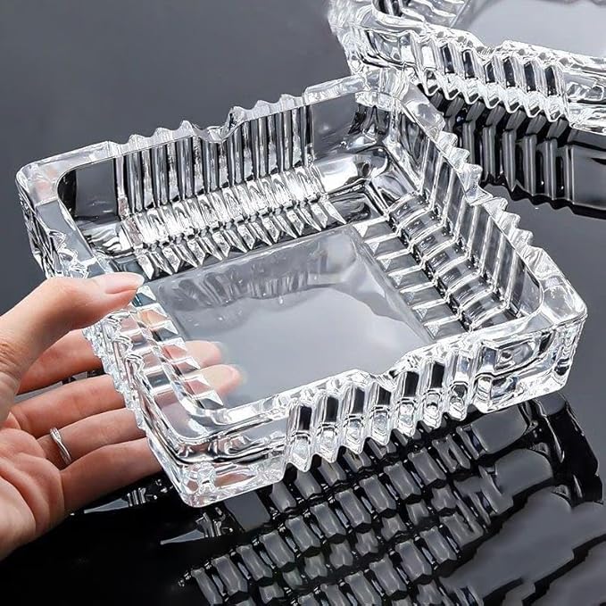 Handmade Glass Ashtray, Ashtray Ash Holder for Indoor or Outdoor Patio Desktop Office Smokers, Ash Tray for Tabletop Home Office Decor (Crystal, L)