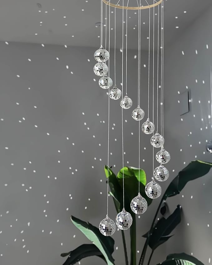 Disco Ball Mobile Spiral Spinner Ball with Bamboo Circle, 36 Inch for Outdoor Indoor Garden Yard Patio Home Decoration Birthday Wedding Party