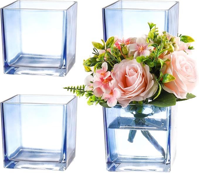 Square Glass Vases Set of 4, 5" x 5" x 5" Blue Flower Vases for Centerpieces, Square Vase for Flowers, Small Vase for Wedding, Party, Home Office Decoration