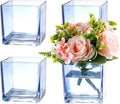 Square Glass Vases Set of 4, 5" x 5" x 5" Blue Flower Vases for Centerpieces, Square Vase for Flowers, Small Vase for Wedding, Party, Home Office Decoration