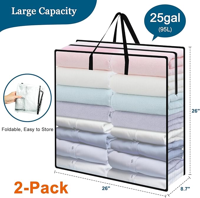 95L Under Bed Storage Bag, 2-Pack Under Bed Storage Containers, Clear Storage Bags for Clothes Quilt Pillow Wreath Blanket Storage or Closet Organizer Home Storage