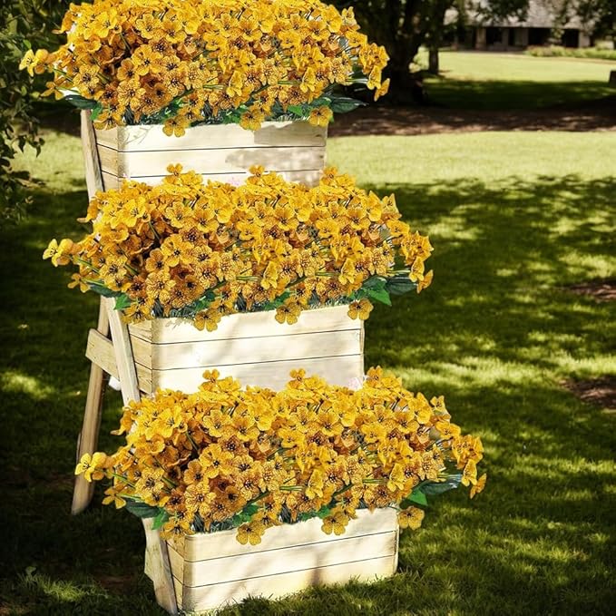 12Pcs UV Resistant Artificial Flowers Artificial Violet Outdoor Decor Realistic Faux Plants Silk Flowers No Fade for Patio Hanging Baskets Garden Pots Farmhouse Yard (Yellow)