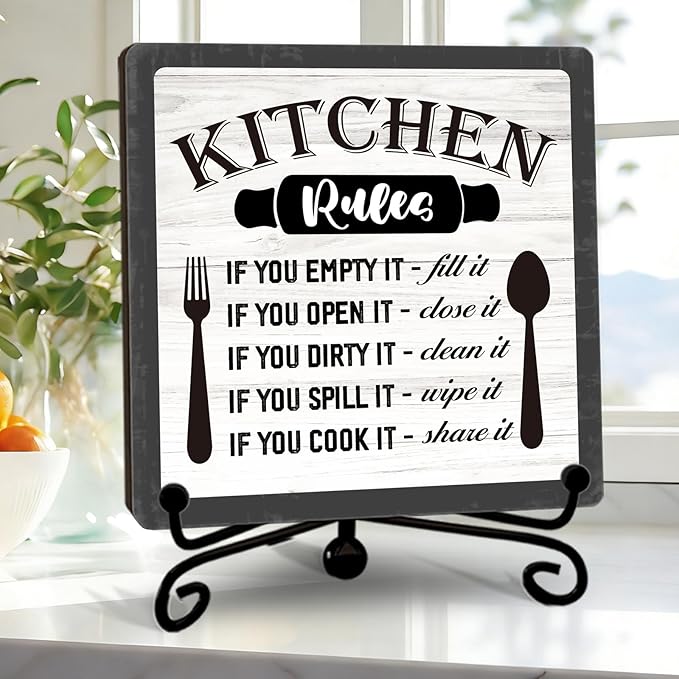 DETIHO Farmhouse Kitchen Decor Wooden Plaque, Above Cabinet Decor, Rustic Wooden Sign with Iron Stand for Home Kitchen Table Shelf Decoration - G03