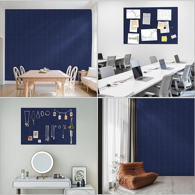 Large Felt Cork Board Alternative - 36" x 24" Bulletin Board with 30 Pushpins, 6 Pack Adhesive Cork Board, Sound Absorbing Fabric Wall Tiles, for Office Home Music Class, Dark Blue