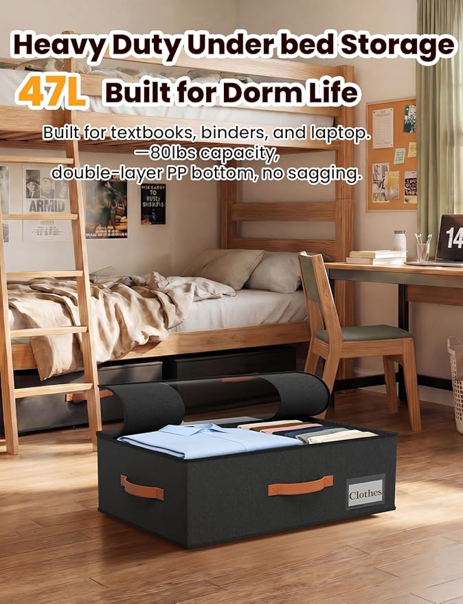 TOSKING 2-Pack Under Bed Storage Bins with Wheels and 4 Vacuum Seal Bags, Heavy Duty 80lbs Capacity,7.9"Height Clear Lid Organizer for Dorm Bedroom Clothes Shoes Toys, Quick Assembly Space Saver Black