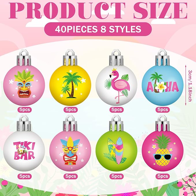 HyDren 40 Pcs Summer Tree Ornaments Mini Summer Hanging Tree Decorations 1.2 Inch Pastel Flamingo Surboard Pineapple Palm Beach Tropical Ball Decorations for Home Luau Holiday Decorative Supplies