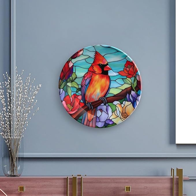 Decorative Plates for Wall Hanging, Winter Bird Stained Glass Design Ceramic Plate w/Display Stand, Home Decor for Kitchen Cabinets, Farmhouse Round Tray 7 Inch, Gift for Loss of Loved