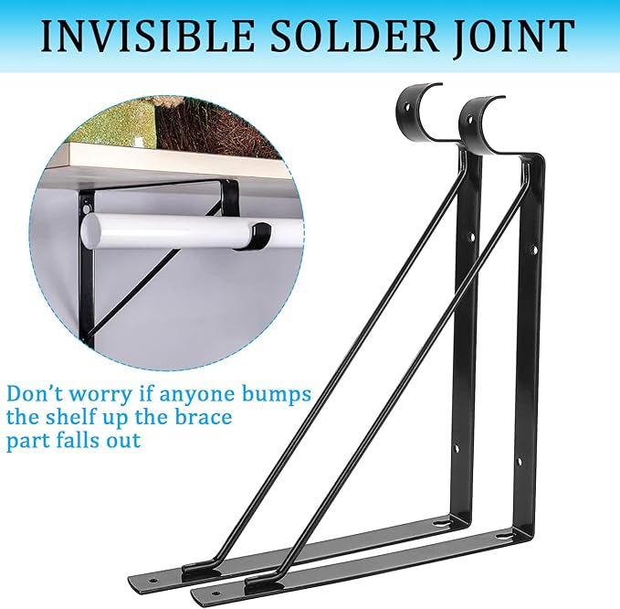 4PCS Heavy Duty Black Closet Rod Brackets 11 x 11 Inch,1-3/8Inch Diameter Shelf and Rod Bracket Holder for Home and Closet Decor, Wall Mount Closet Pole Supports Bracket Hook with Screws