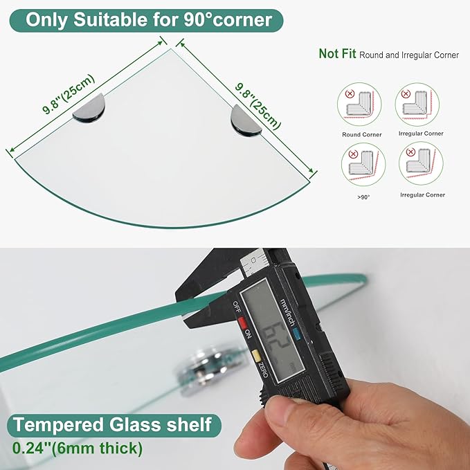 Glass Corner Shower Shelves, Tempered Floating Glass Shelves Wall Mount, Shower Caddy Organizer, Bathroom Corner Shelf with Zinc Alloy Brackets for Bathroom, Kitchen, Living Room, 9.8" x 9.8", 2 Pack