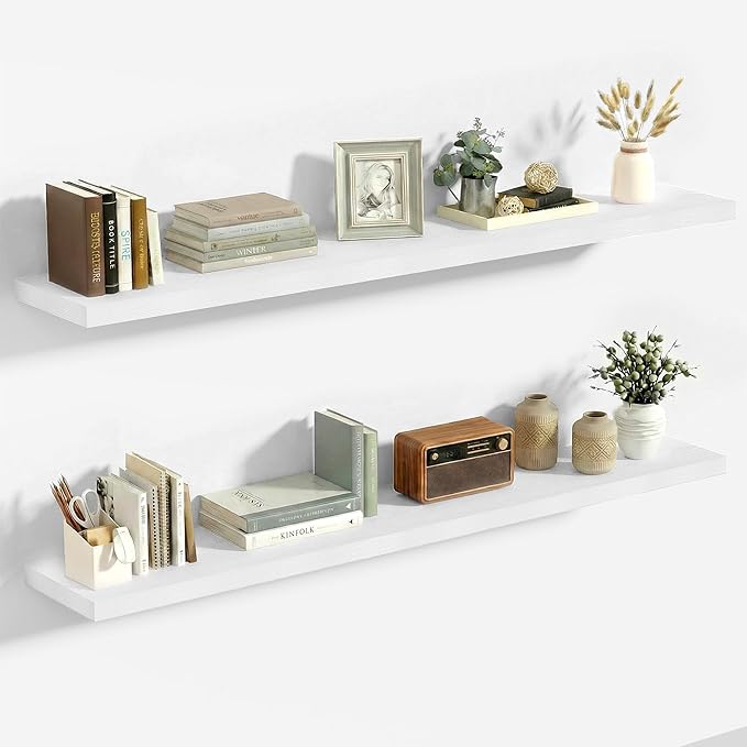 Vivelove 10 in Deep Floating Shelves for Wall, 47.2" x 10.2" x 1.5" Shelves for Room Wall Mounted, 1.5 Inch Thick Shelf for Bathroom Bedroom Kitchen Book Room, Modern Farmhouse Decor, Set of 2, White