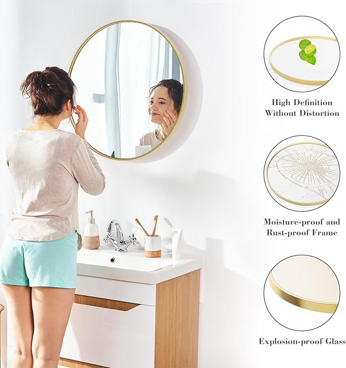 DUMOS Gold Circle Mirror for Wall 30.02 inch, Bathroom Round Wall Mirror for Over Sink, Bathroom, Entryway, Bedroom, Vanity, Shatterproof& Crystal-Clear