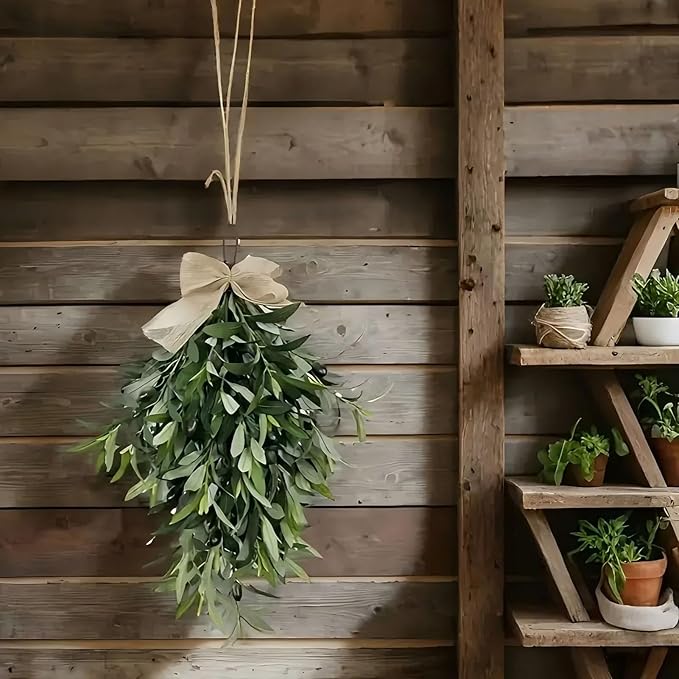 24 Inch Artificial Teardrop Swag Olive Wreath with Bow, Hanging Green Leaves Teardrop Door Wreath with Fruits, Faux Spring Greenery Wreath for Front Door Wall Farmhouse Decor