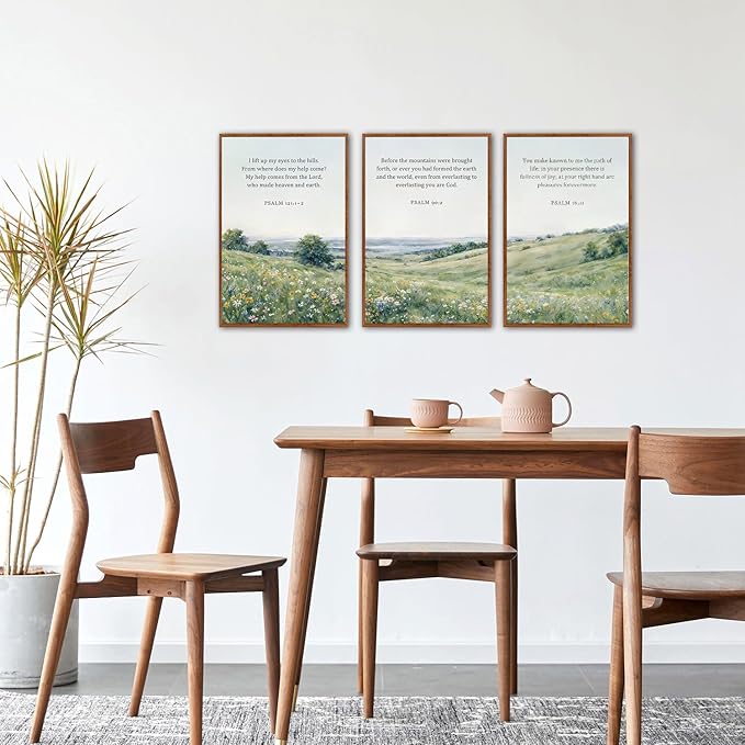 KAlRNE Natural Christian Framed Canvas Wall Art Set of 3(16”X24”),Religious Bible Verse Wall Decor,Vintage Inspirational Scripture Painting,Botanical Green Art Prints For Living Room Bedroom Church