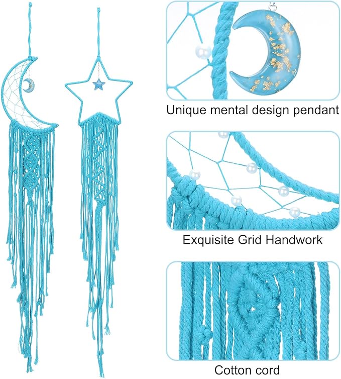 PATIKIL Moon Star Dream Catcher Decor, 39" Boho Dream Catcher Macrame Woven Wall Hanging for Home Decor Bedroom Accessories Cafes Wedding Decoration, Blue