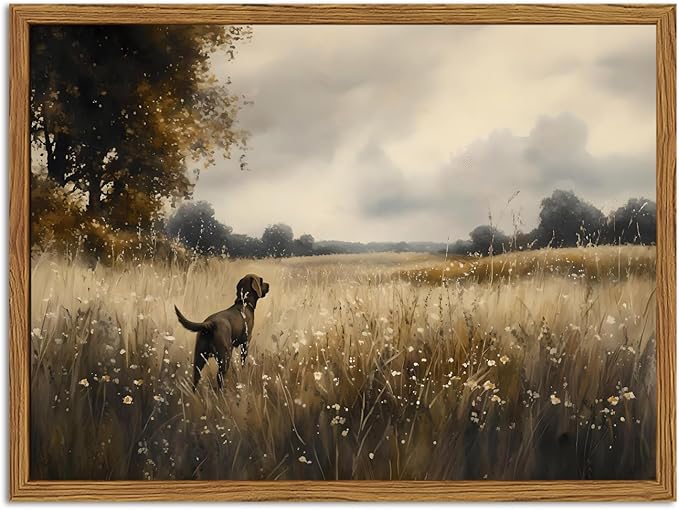 Framed Vintage Hunting Black Dog Wall Art, Rustic Country Landscape Pictures Wall Decor, Farmhouse Animal Paintings Canvas Prints for Home Living Room Bedroom 12x16 inch