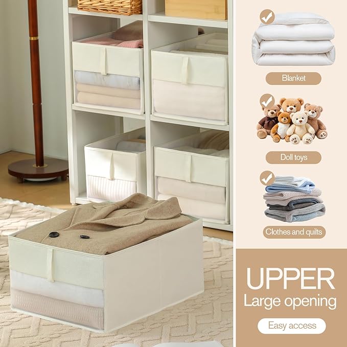 Lifespace Storage Wardrobe Organizer, Large 6-Compartment Foldable Drawer System with Handles, Beige Fabric Storage Box for Clothes, Blankets, Toys, 2-Pack (3, Cream, 20.5”X13“X9”)
