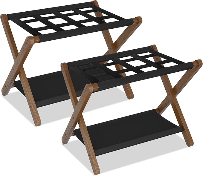 Heybly Luggage Rack, Folding Suitcase Stand with Storage Shelf, Heavy-Duty Luggage Holder for Guest Room Bedroom Hotel, Holds up to 165 lb, Walnut, HLR010WB2