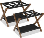 Heybly Luggage Rack, Folding Suitcase Stand with Storage Shelf, Heavy-Duty Luggage Holder for Guest Room Bedroom Hotel, Holds up to 165 lb, Walnut, HLR010WB2
