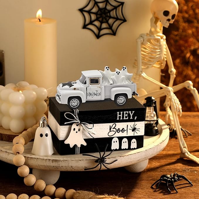 Halloween Decorations - Mini Cute Farmhouse Style Halloween Metal Truck Decor with 3 Removable Mini Ghost Ornaments for Tabletop, Tiered Tray, Shelf, Fireplace and Home Indoor Décor