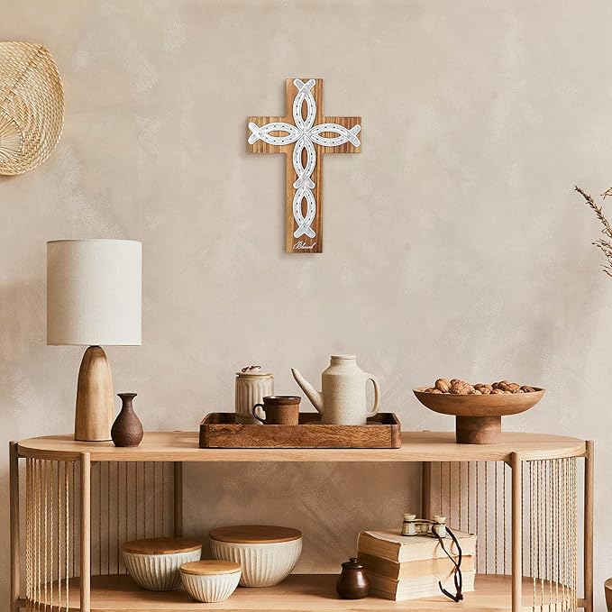OKSQW Wall Cross Retro Catholic Wooden Hanging Baptism Crosses with Unique Metal Cross Spiritual Religious Cross with Hook 12" Blessed Letter Design Christmas Crucifix Gift for Church Home Wall Decor