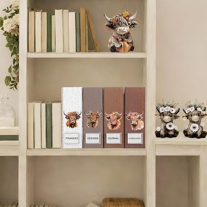 AmazingSpark Set of 4 Highland Cattle Magazine Holder Decorative Foldable Magazine Storage Boxes with Acrylic Label holders coquettish Boho organizer for office home Organization Storage