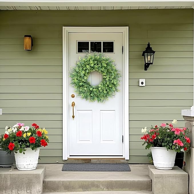 26" Eucalyptus Wreath for Front Door, Porch, Window - Large Artificial Eucalyptus Leaves Greenery Outdoor Wreath for Home, Farmhouse Decor - Spring, Summer, Fall, All Seasons (Green)