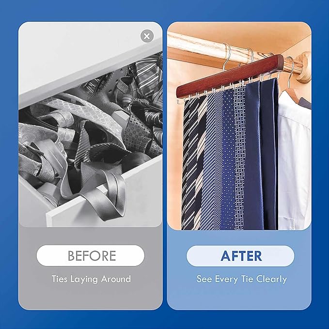 2Pack Tie Rack Hanger for Closet, Sleek Tie Organizer for Men with 18 Upgraded Folding Hooks, Space-Saving Tie Holder, Tie and Belt Hanger for Closet (Mahogany)