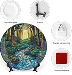 Stained Glass Theme Decorative Ceramic Plate Round Porcelain Plate,10 inch,Sunrise Forest Stream Pattern,for Decorative Ornaments Giving Plates, 1 Plate with 1 Display Stand,Green Blue Gold