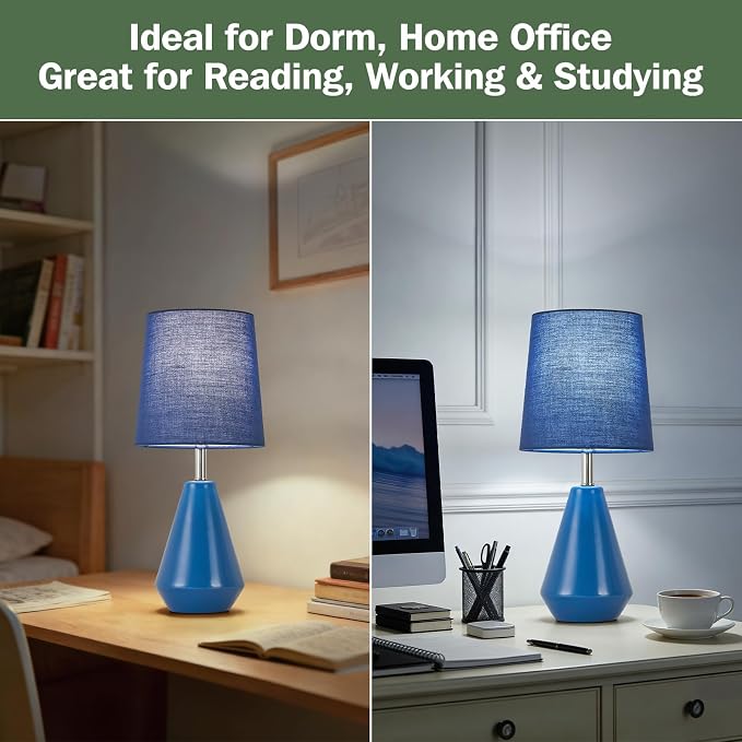 Small Bedside Table Lamp for Bedroom - Reading Desk Lamp with 3 Color Temperatures，15.5" Nightstand Ceramic Lamp with Fabric Shade for Kids Room,Living Room,Dorm,Home Office (Blue)