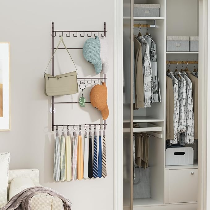 HapiRm Over Door Hat Rack - 3 Tier Wall Mounted Hat Organizer with 16 Hooks and 10 Movable Clips, Cap Hanger Storage up to 26 Caps for Door, Bedroom, Closet USPTO Patent Pending