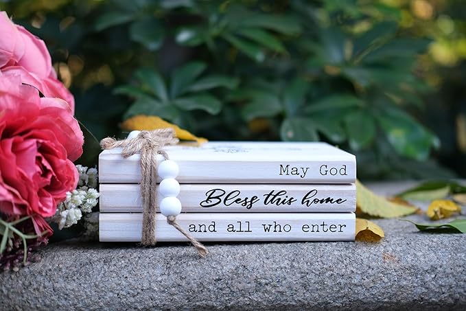 LIVDUCOT Rustic Decorative Coffee Table Books for Home, Wood Book Stack Decor Set of 3, Farmhouse Mantel Decor, Christian Gifts (May God Bless This Home And All Who Enter)