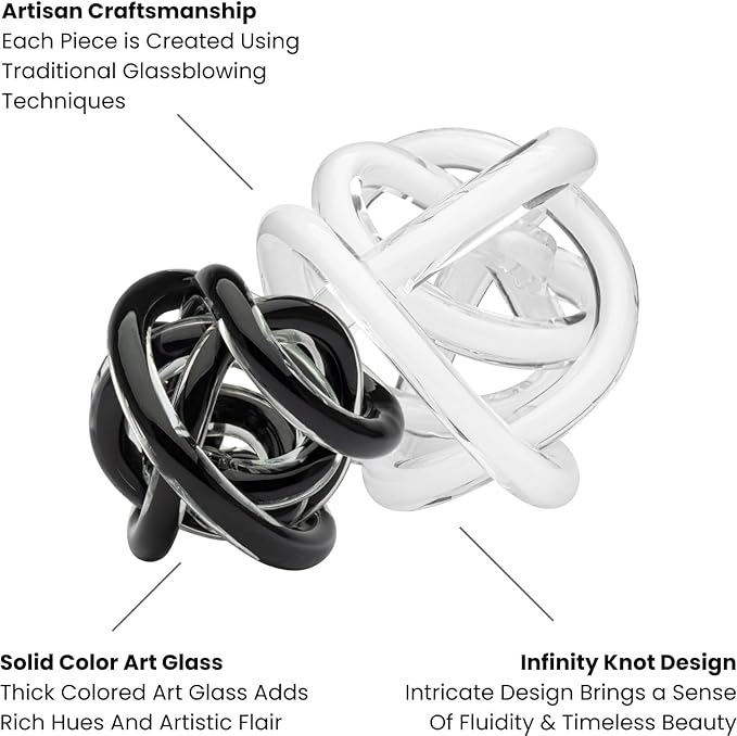 Torre & Tagus Orbit Hand Blown Glass Infinity Knot Sculpture - 3 Inch Glass Art White Knot Decor Ball for Home Decor, Small Centerpiece Table Decoration for Home Interior (Solid White)