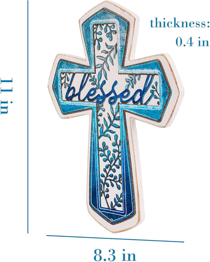 OKSQW 11" Wall Cross Handmade White Wood & Blue Iron Christians Spiritual Religious Cross with Hook Christmas Wall Hanging Cross with Blessed Design Crucifix Gift for Church Home Room Decor