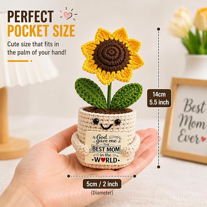 Velyra Crochet Sunflower Mom Gift, Mother’s Day Present from Daughter Son, Cute Handmade Best Mom Keepsake, Small Desk Decor, Unique Birthday Idea