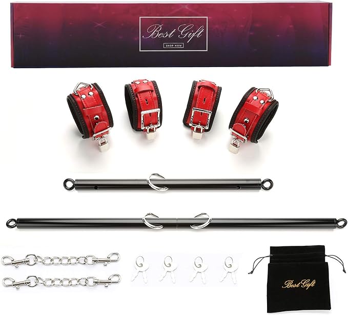 EXREIZST Expandable 2 Spreader Bar Set with Bag and 4 Premium Soft Pad Leather Straps with 2 Chains Adjustable Home Yoga Bar Kit, Black and Red