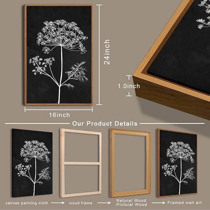 BINCUE Framed Botanical Wall Art Black Grey and White Plant Floral Art Prints Flowers Wall Decor Black Artwork White Floral Wall Pictures Botanical Paintings for Living Room Bedroom Office Farmhouse 3 Panel 16x24 Inches
