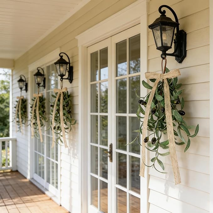 4 PCS Spring Summer Teardrop Swag Chandelier Rings Wreaths Decoration with Bow Artificial Green Olive Sconce Lighting Swag Wreath Greenery Candlestick Wreath for Farmhouse Wall Cabinet Holidays Decor