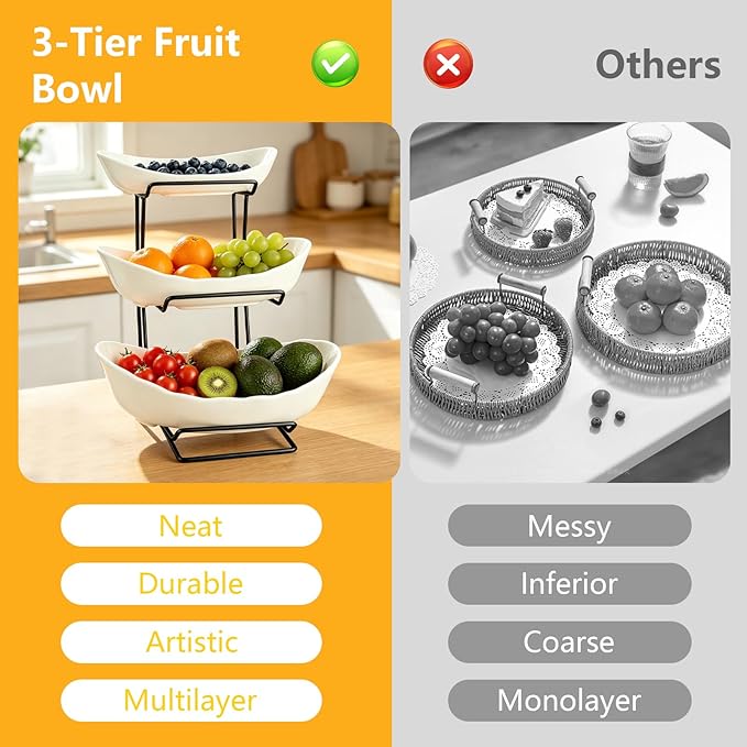 jessie 3 Tier Ceramic Fruit Basket for Kitchen Counter with Metal Stand, Fruit Bowls with Rack, Porcelain Bowls for Vegetable Bread Candy Snack Nuts Dessert Cake Tray