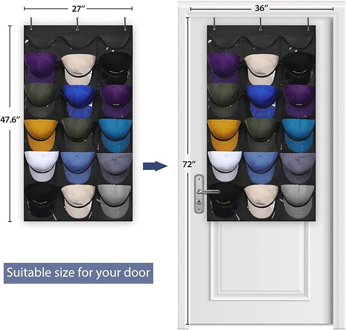 Dofilachy Hat Rack - Hat Organizer - Hat Racks for Baseball Caps, Visible Hat Holder - Baseball Hat Rack for Wall Door with 3 Hooks, 18 Deep Pockets(Black, medium)
