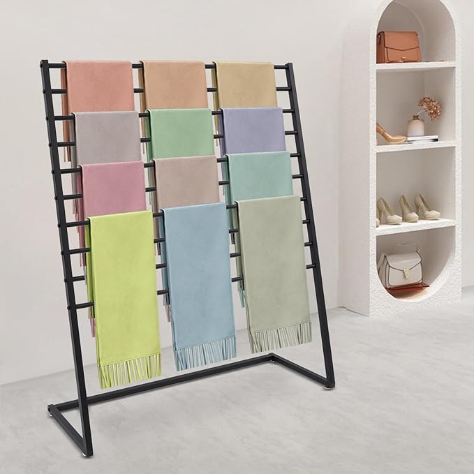 10 Tier Metal Scarf Organizer Holder, Freestanding Scarf Rack, Scarf Holder Organizer for Commercial Clothing Retail Store Towel Rack Ties Belt Pants Hanging (Black, 47.24 * 15.75 * 57.09in)