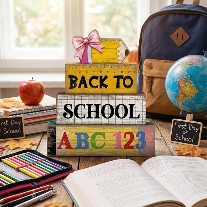 Lineshading 4 Pcs Back to School Table Decorations Wooden Pencil Stacked Block Decor, "ABC 123" Signs with Pencil Topper, Rustic Back to School Tiered Tray Decoration for Home Classroom Teacher Desk