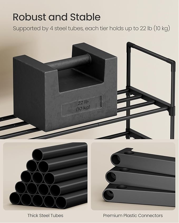 SONGMICS Shoe Rack, 4-Tier Shoe Organizer, Metal Storage Shelf, Upright or Upside Down, for 10-15 Pairs, Stackable, for Entryway, 11.8 x 26.8 x 28.4 Inches, Black ULSA204B01