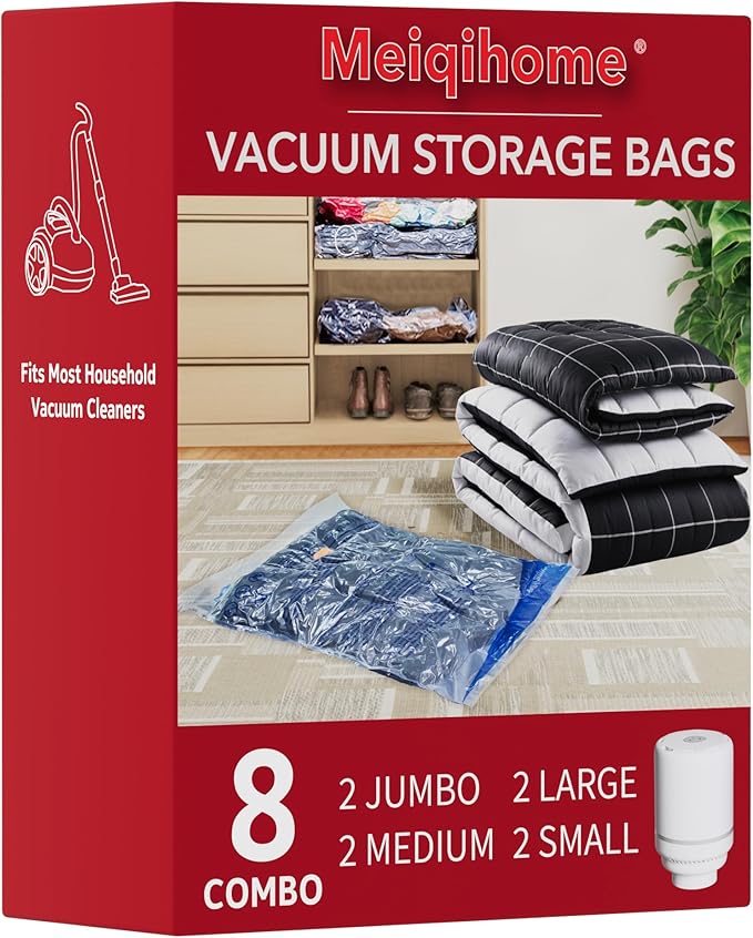 8 Pack Vacuum Storage Bags with Electric Air Pump，2 Jumbo,2 Large,2 Midium,2 Small Bags Space Saver Sealer Bags, Airtight Compression Bags for Clothes, Pillows, Comforters, Blankets, Bedding, Clothing