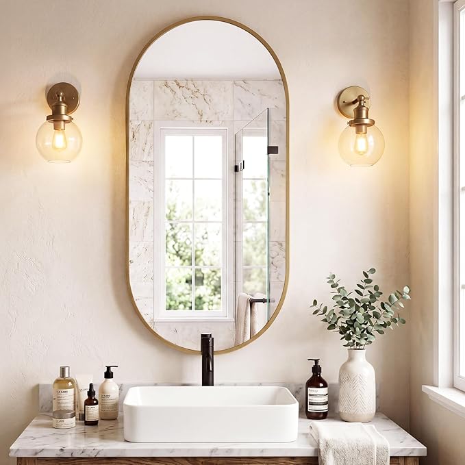 Sweetcrispy 24" x 48" Gold Bathroom Mirror for Wall, Oval Wall Mirrors with Metal Frame, Tempered Glass, Modern Vanity Mirror for Over Sink, Living Room, Bedroom, Entryway, Horizontal or Vertical