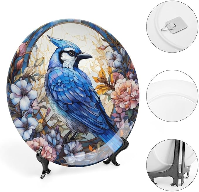 Blue Jay and Flowers Stained Glass Painting Decorative Plates Home Decor Ceramic Plates, Dinner Plates Display for Kitchen, Hallway Console Side Table, Presents for Blue Jay Lovers, 6 Inch