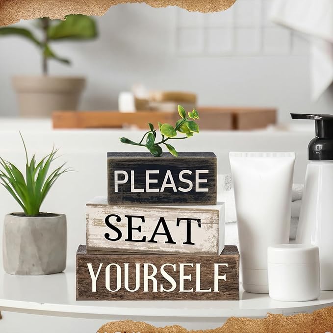 Moucuny 4 Pcs Bathroom Shelf Decor Farmhouse Bathroom Decor and Accessories Please Seat Yourself Sign Rustic Eucalyptus Leaves Wood Block Sign Gift Home Table Centerpiece for Home Office