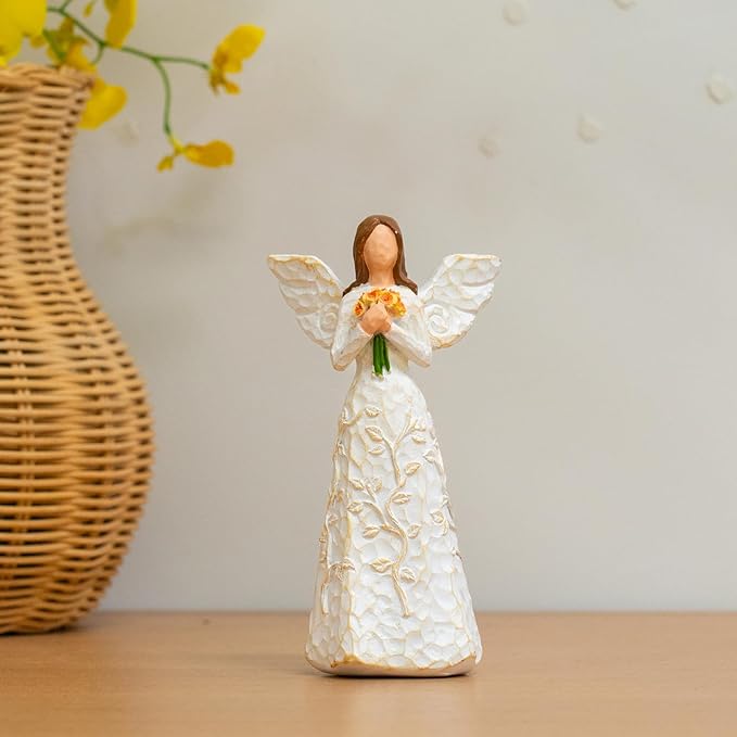 Hand-Painted Angel Figurine with Sunflower & Tree of Life Design - Collectible Sculpture for Retirement Gifts.
