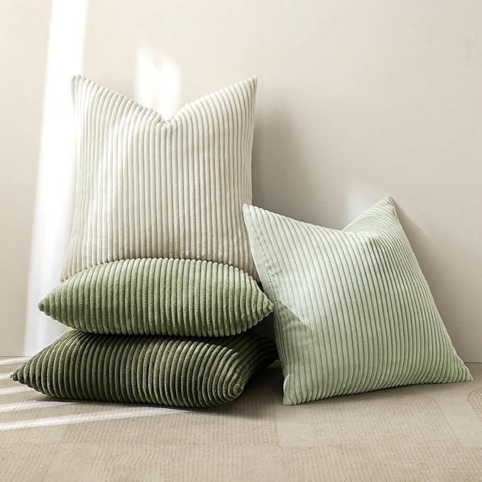 MIULEE Decorative Throw Pillow Covers Set of 4 Summer Light Green Gradient Natural Earthy Modern Classic Soft Corduroy Cushion Covers for Sofa Couch Bed Living Room Spring Home Decor 18x18 Inch
